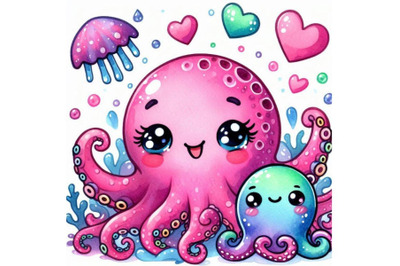 A bundle of watercolor kawaii very a cute octopus loved Colorful backg