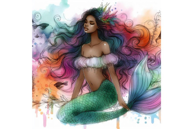 A bundle of watercolor Line art, beautiful mermaid girl with long hair