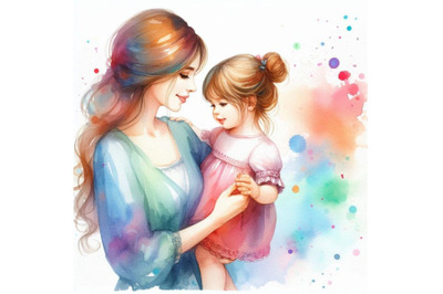 A bundle of watercolor Mother holds her daughter by the hand with love