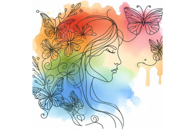 A bundle of watercolor One single line drawing woman with butterfly li