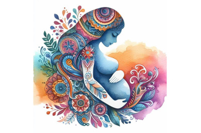A bundle of watercolor Pregnant woman icon.Woman pregnancy symbol. Col