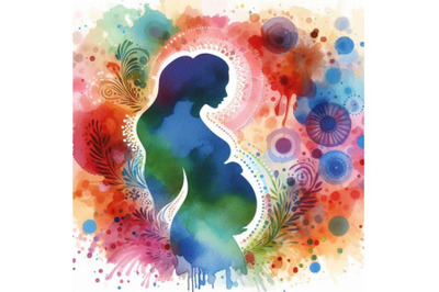 A bundle of watercolor Pregnant woman silhouette, vector symbol.Colorf