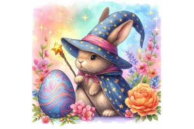 A bundle of watercolor Rabbit wizard digital watercolor illustration W