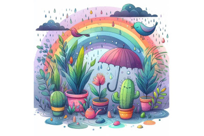 A bundle of watercolor Rainy day with plant vector illustration. cute
