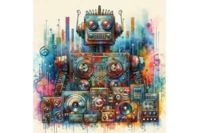 A bundle of watercolor robot made of analog stereo equipment, digital