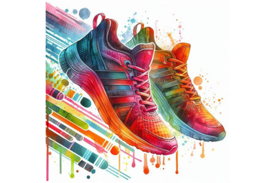 A bundle of watercolor Running colorful pair shoes. Bright Sport sneak