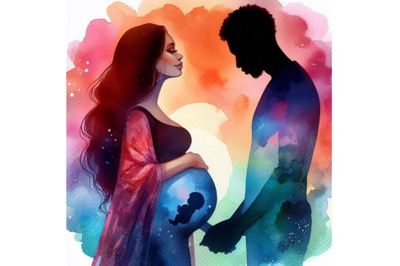 A bundle of watercolor Silhouette of pregnant woman with a husband Col