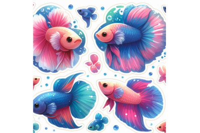 A bundle of watercolor simple stickers with cute betta fish with white