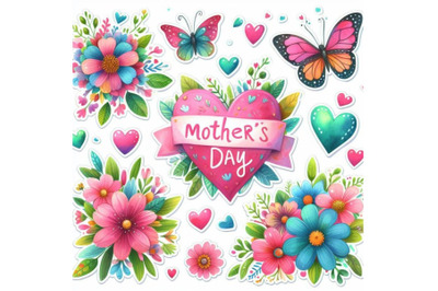 A bundle of watercolor Stickers Mothers Day. Banner with hearts, flowe