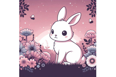A bundle of Cute Rabbit Standing in a flower garden