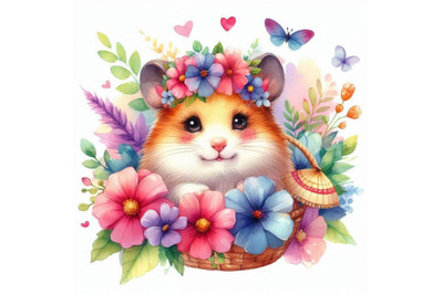 A bundle of watercolor Watercolor cute hamster with painted flowerColo