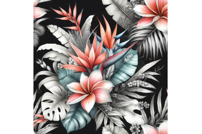 Bundle of Tropical coral flowers and leaves on black and white backgro