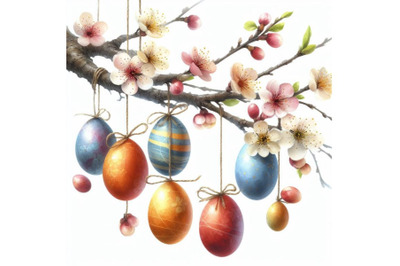 Bundle of Easter eggs hanging on plum branch