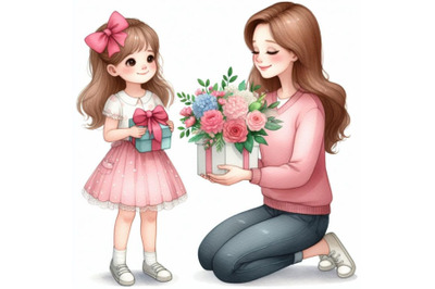 Bundle of Little kid daughter giving mom receiving gift box and flower