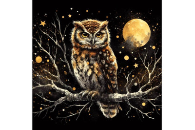 Bundle of Owl bird sitting on branch at night