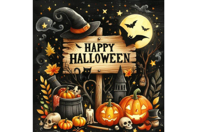 Bundle of Halloween background with wooden sign