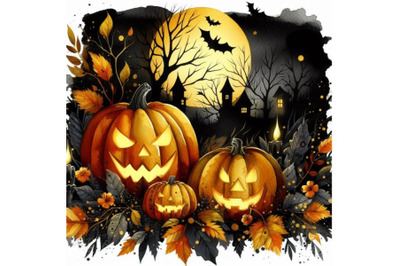 Bundle of Halloween pumpkin in spooky autumn forest