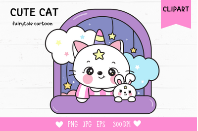 Cat unicorn and bunny rabbit on window kawaii cliparts night