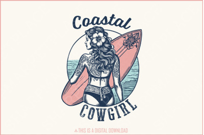 Retro Coastal Cowgirl PNG, Vintage Surf Girl Sublimation, Boho Western Surfboard T-Shirt, Beach Graphic, Country Western, Summer Shirt