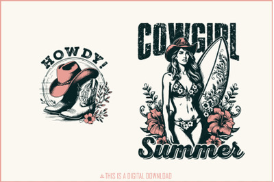 Cowgirl Summer PNG, Coastal Western Shirt Design, Retro Beach Cowgirl, Country Summer Vibes, Pink Cowgirl, Trendy Western Summer Sublimation