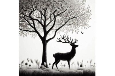 A bundle of 3d deer standing under a deciduous tree