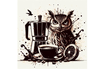 A bundle of coffee and owl  with splash  textured background