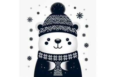 A bundle of Cute polar bear in a knitted hat with snowflake  backgroun