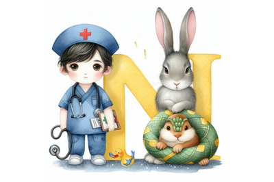 Set of animal alphabet N with Nurse