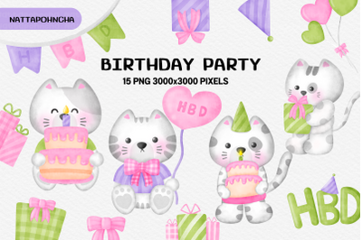 Watercolor Birthday party cat clipart.