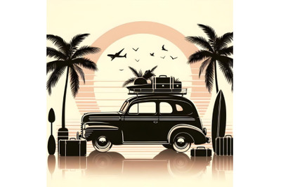 A bundle of Summer travel  retro car with surfboard, suitcases and pal