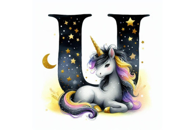 Bundle of animal alphabet U with Unicorn