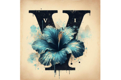 Bundle of Blue hibiscus grunge vintage alphabet V