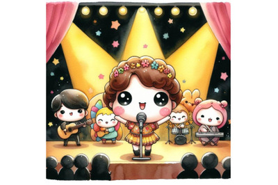 Bundle of a colorful cute cartoon standing on stage