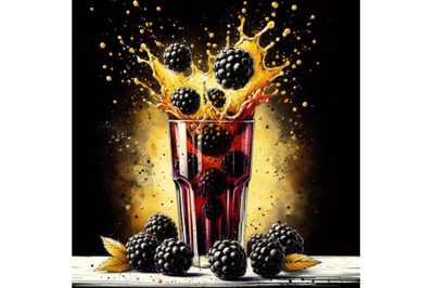 Bundle of Fresh blackberries fall into a glass with juice generating a