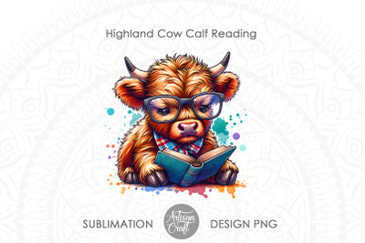 Highland Cow Reading a book, PNG