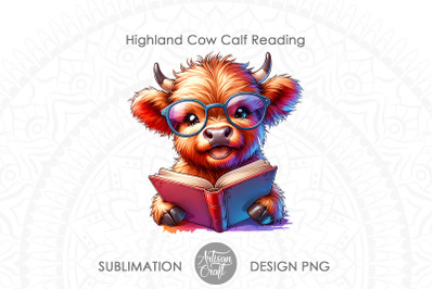 Cute highland cow reading a book with glasses