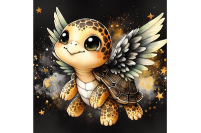 Bundle of a cute cartoon turtle with wings ready to fly