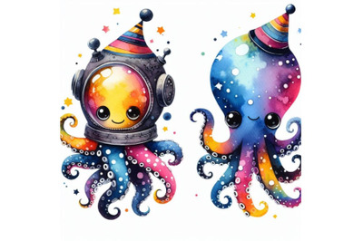 Bundle of A cartoon octopus in colorful hues