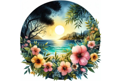 Bundle of Summer sea view and beautiful flowers inside the circle