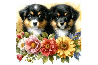 Bundle of Two puppies and beautiful flowers