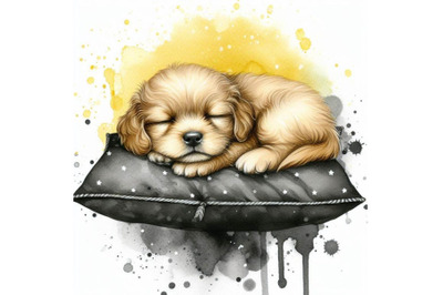 Bundle of Cute puppy sleeping on a cushion