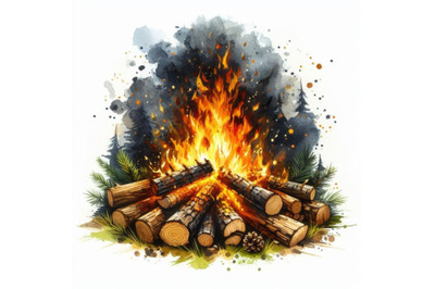 Bundle of Burning bonfire with wood