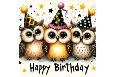 Bundle of a cute three owls happy birthday