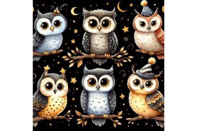 Bundle of five different funny owls sitting on a branch