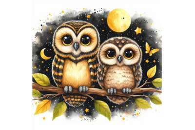 Bundle of a cute couple owls on the tree