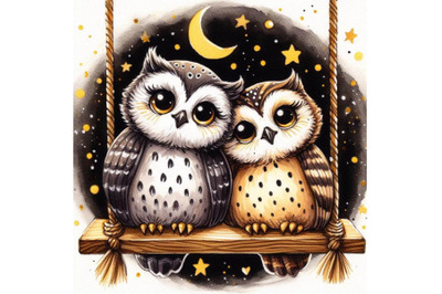 Bundle of a cute couple owls in love on a swing