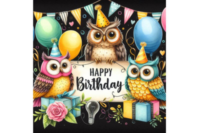 Bundle of Happy birthday header with colorful owls