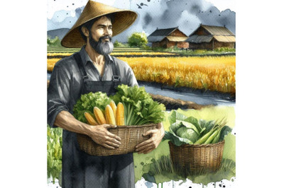 Bundle of A farmer stands holding vegetables in his field