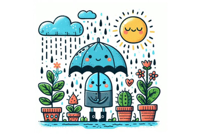 Bundle of Rainy day with plant vector . cute doodle artistic