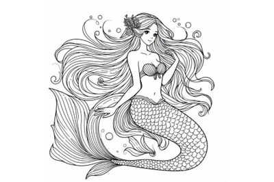 Bundle of Line art, beautiful mermaid girl with long hair